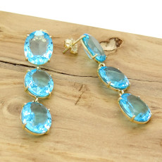 Par de Brincos com Sky Blue, em Ouro Amarelo 18 Kilates